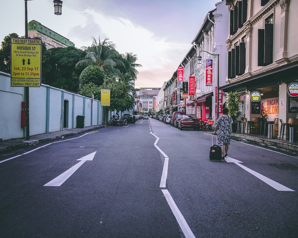 woman holding black luggage bag walking in road beside building at daytime