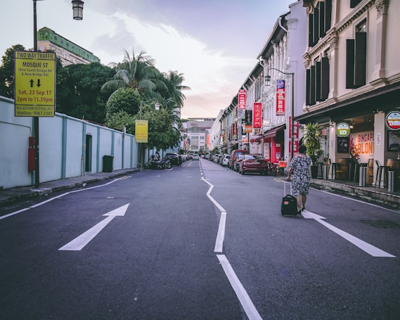A street scene in an urban area features a person walking with a suitcase. The street is lined with buildings displaying various signs with Asian script, indicating shops and businesses. Trees and lamp posts line the sidewalk, and there is little traffic visible. Signs on the left indicate traffic directions and an upcoming event.