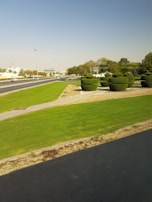 A wide shot of a beautifully maintained HOA common area with trimmed trees and clean paths.