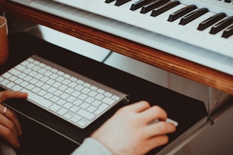 person holding Apple Magic Mouse and compact keyboard