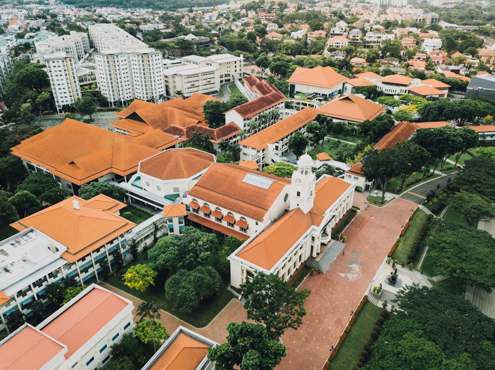 aerial view of concrete structures with brown roofs