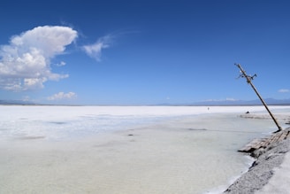 A vast expanse of a salt flat stretches out with a bright blue sky above. A few fluffy cumulonimbus clouds are present on the left side. A single, tilted wooden pole sticks out of the ground near a weathered wooden platform on the right side. In the distance, a person is visible against the stark white of the salt surface. The horizon line is flat, with distant mountain ranges faintly visible.