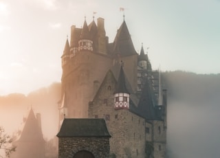 reflection of a castle surrounded with fogs