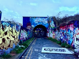 A narrow, cobblestone path flanked by concrete walls covered in colorful and intricate graffiti art leads to a tunnel. The walls display a variety of styles and vibrant hues, showcasing street art's diversity and creativity. Overgrown plants can be seen along the edges, adding a touch of greenery to the urban setting. The sky overhead is cloudy, casting a cool tone over the scene.