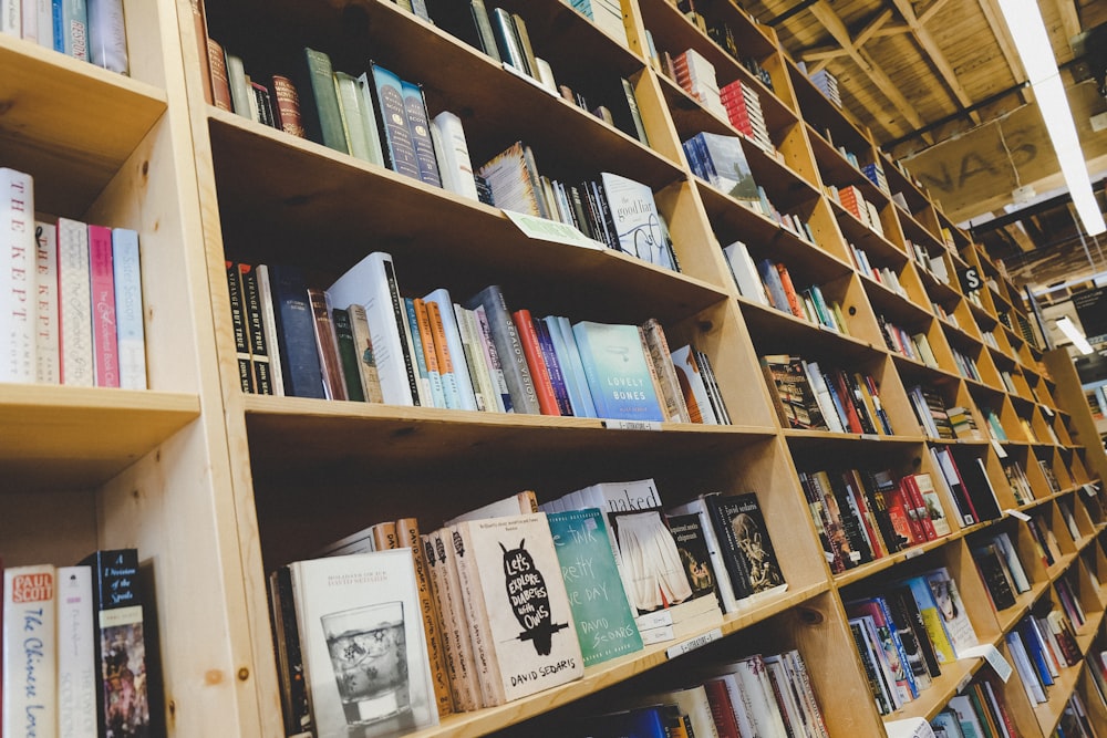 Estantería de madera marrón y lote de libros