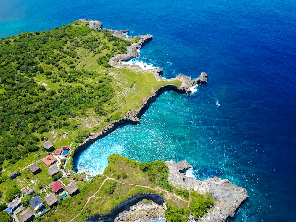 aerial view photo of houses near water