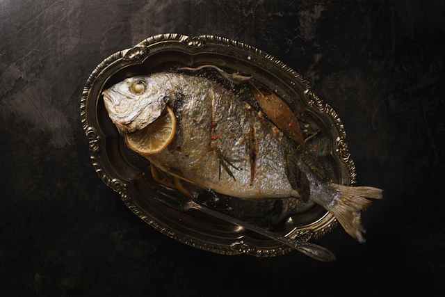 Pescado blanco entero con limón y hierbas en plato oscuro