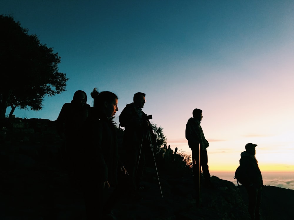 silhouette of group of people standing on hill