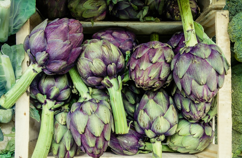 close-up photography of green and purple vegetables