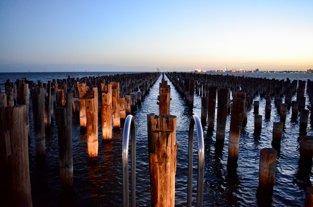 bird's eye view of wooden poles on body of water