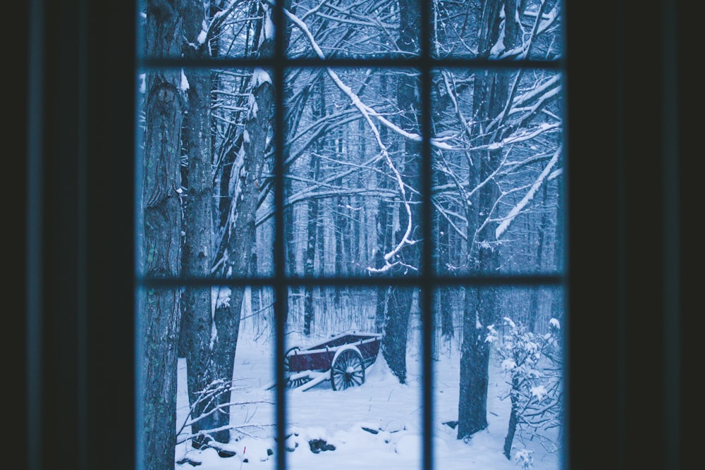 Carro de madera marrón cerca de los árboles cubiertos de nieve