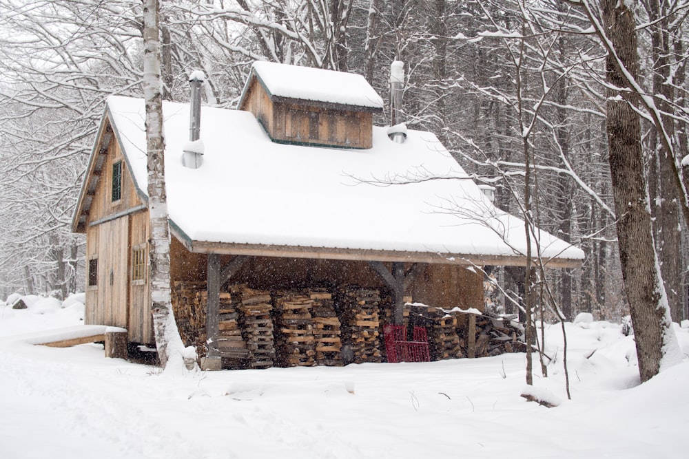 Foto eines mit Schnee bedeckten Hauses vor Bäumen