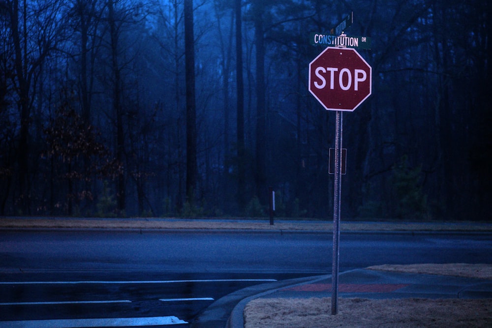 stop road sign on sidewalk near forest