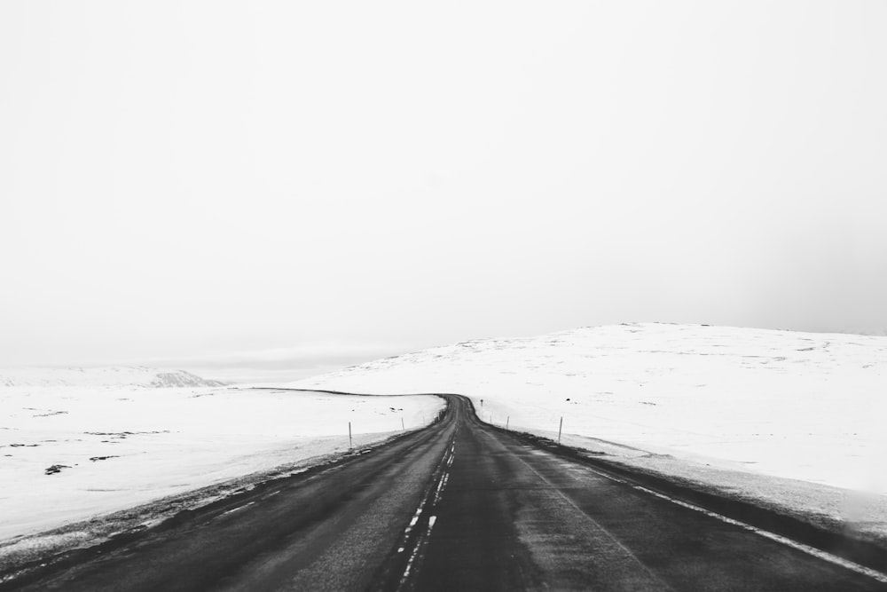 雪原へ向かうアスファルト道路の写真