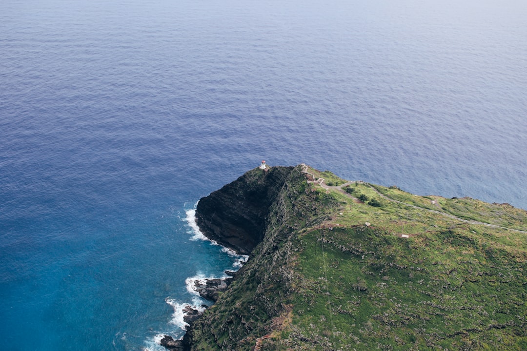aerial view of island, Lighthouse on the point