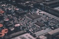 A close-up of a glowing microchip