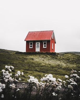 red and white house surround green grass field