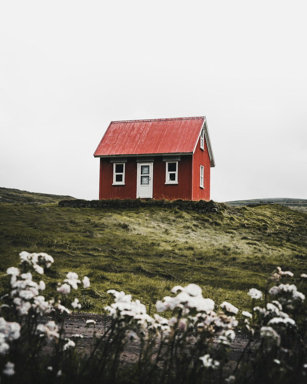 red and white house surround green grass field