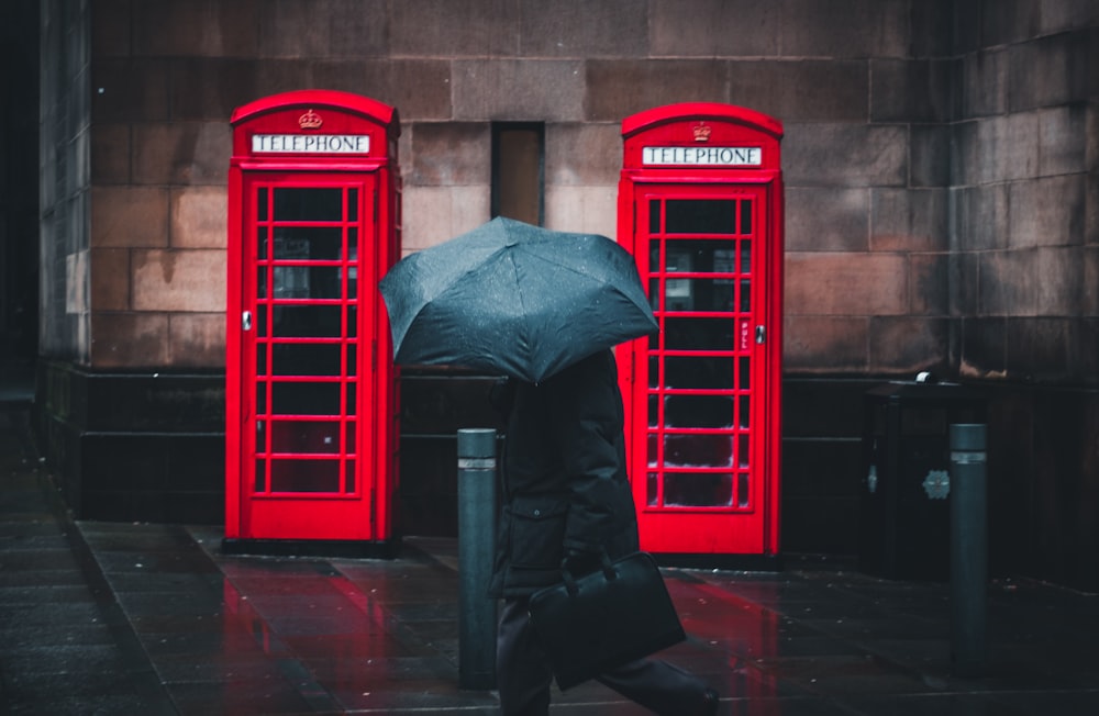 pessoa sob guarda-chuva caminhando ao lado de cabines telefônicas