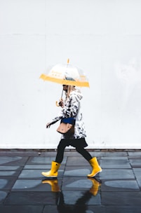 A person walks across wet pavement holding a transparent umbrella with yellow accents. They wear a patterned raincoat, black leggings, and bright yellow rain boots. The pavement is reflective, and the plain white background emphasizes the figure.