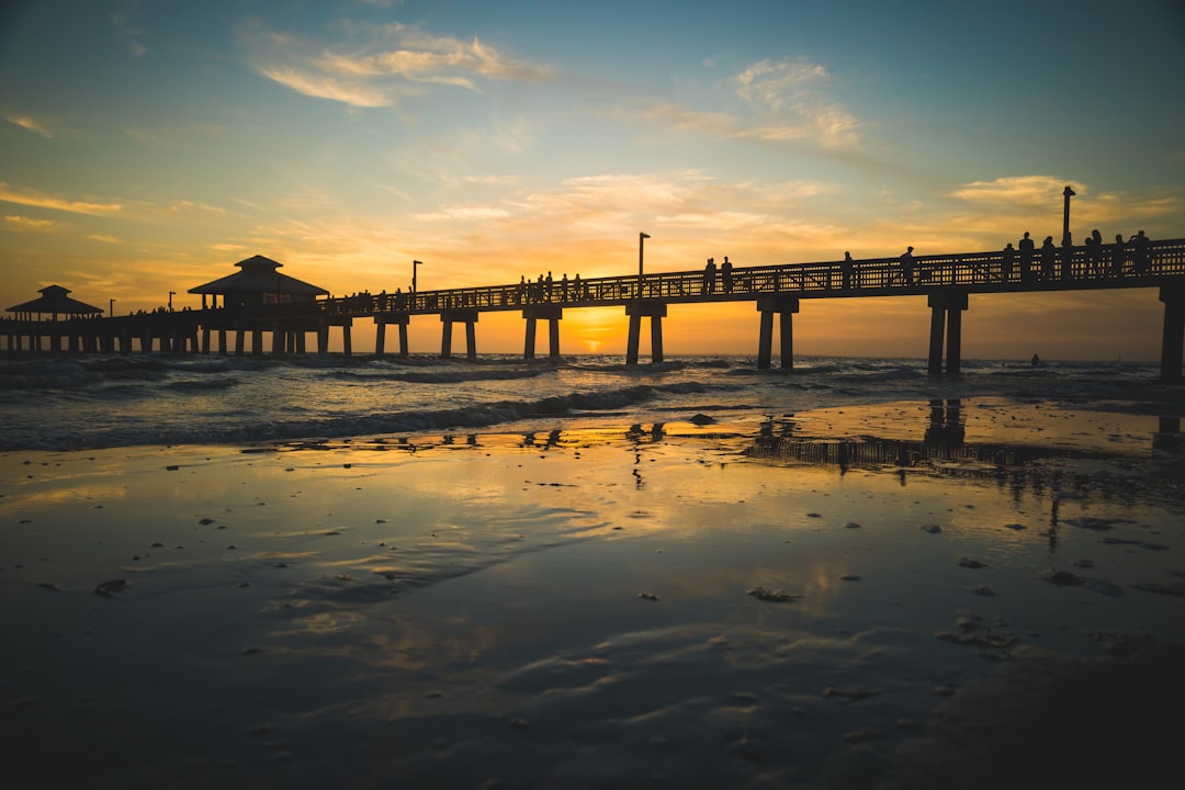 silhouette of beach dock during golden hour