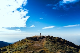 A person stands alone on a grassy hilltop under a vast, expansive blue sky with scattered white clouds. The scene captures a sense of freedom and serenity as the individual looks out towards the horizon.