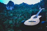 A classical guitar rests on a chair set against a lush, dense forest with prominent rock formations in the background. The scene is serene, highlighting the interaction between music and nature.