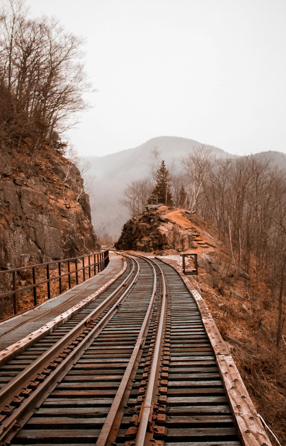 brown and gray train rails between rock hill and cliff