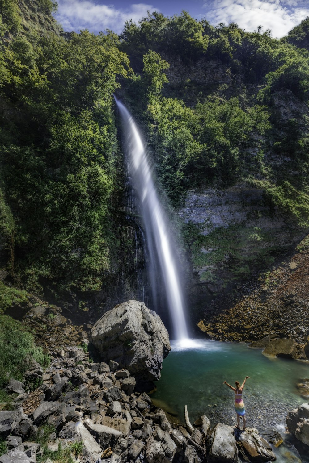 waterfalls surrounded by trees and rocks