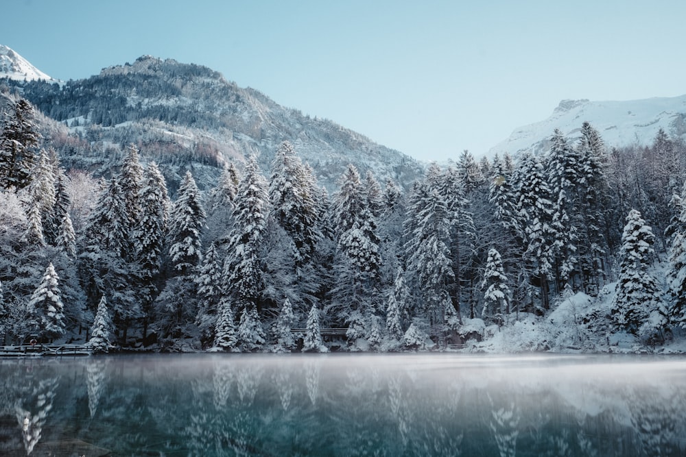 Landschaftsfotografie von verschneiten Bergen und Gewässern