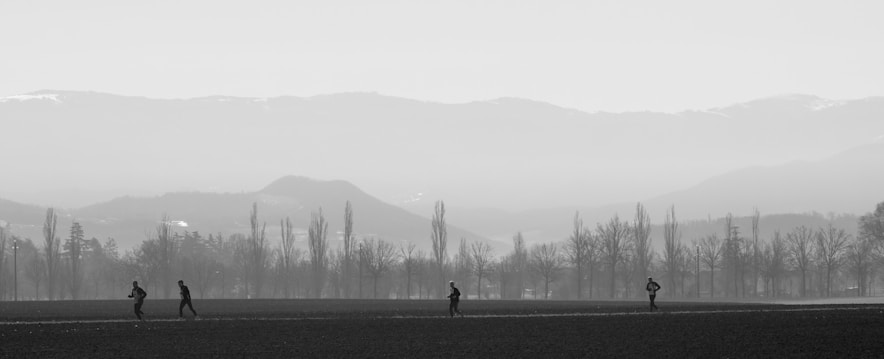 A black and white landscape features a flat, open field with four people walking or jogging along a path. They are silhouetted against a backdrop of leafless trees and a distant, hazy mountain range. The atmosphere is misty, creating a minimalist, tranquil scene.