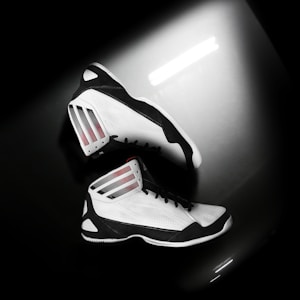 A pair of high-top athletic shoes lies on a reflective surface. The shoes feature a sleek design with white and black leather sections and distinctive stripes in red, black, and green on the side.