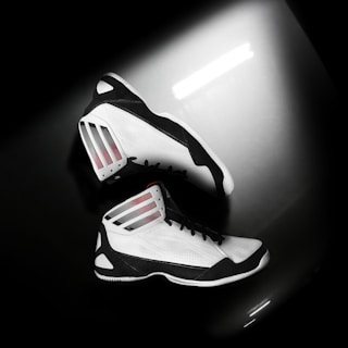 A pair of high-top athletic shoes lies on a reflective surface. The shoes feature a sleek design with white and black leather sections and distinctive stripes in red, black, and green on the side.