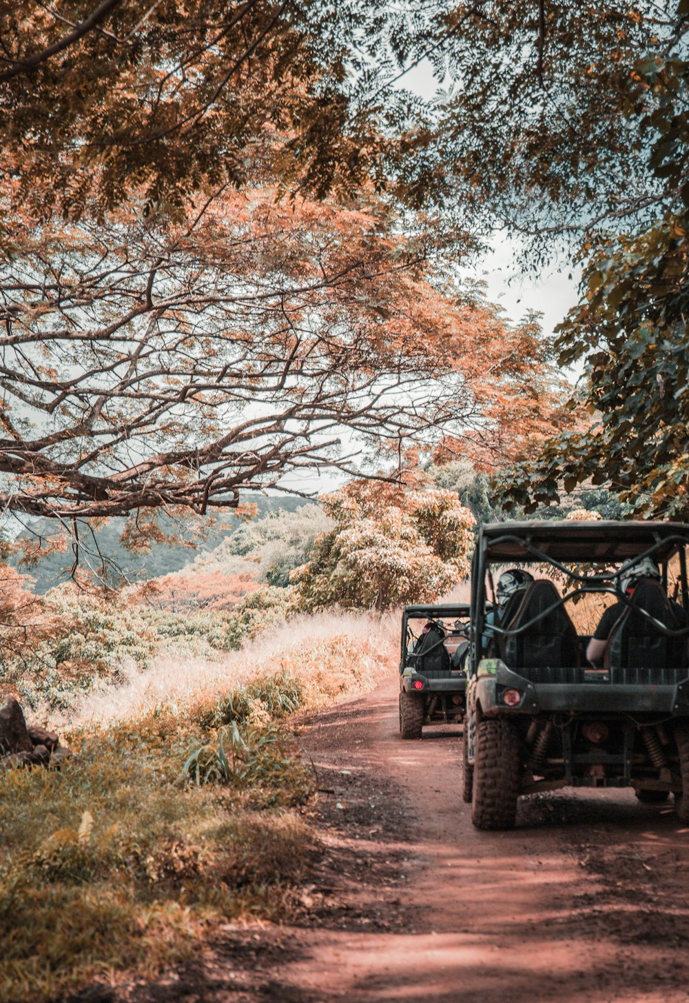 two off-road vehicles driving on dirt path