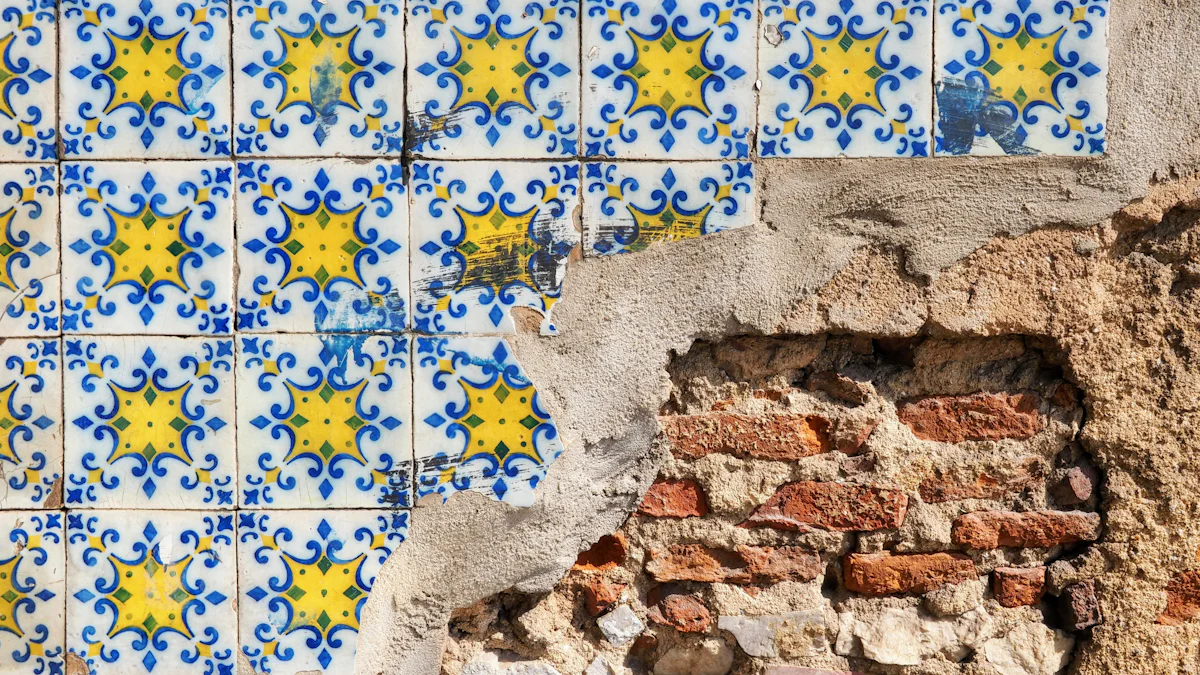 Traditional blue and yellow Portuguese azulejo tiles in Lisbon
