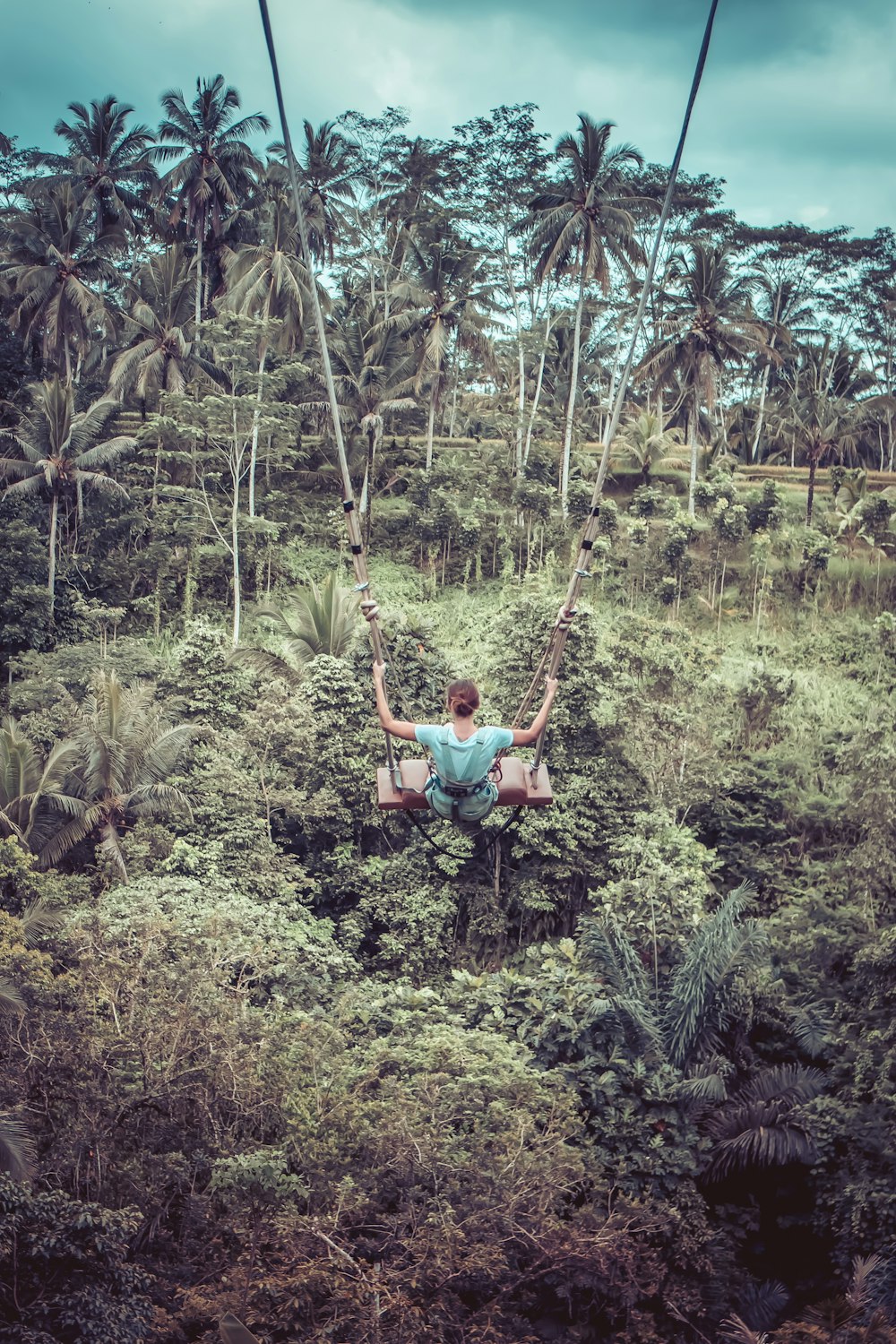 woman sitting on swing facing trees