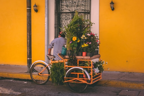 A person stands next to a tricycle filled with various potted plants in front of a vibrant yellow wall. The tricycle, designed for carrying cargo, is painted orange with white rims, and displays a lush assortment of greenery and colorful flowers. There are two wall-mounted lanterns on either side of the image.