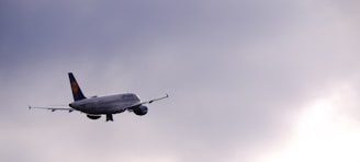 A commercial airplane with Lufthansa branding is in flight against a backdrop of a cloudy sky. The aircraft is flying towards the right side of the picture and appears to be cruising at a high altitude. The sky is mostly overcast with a light gradient from darker to lighter shades of grey.