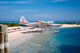 A seaplane with red and white markings is parked on a pristine, sandy beach with clear blue waters in the foreground. The shoreline is lined with low shrubbery and greenery, while the sky is clear and blue, suggesting a sunny day. A wooden post with ropes is visible on the left side.