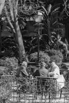 A group of four elderly men are sitting around a table outdoors in a park-like setting, engaged in conversation. They are surrounded by lush greenery and trees, with a streetlamp positioned nearby. The atmosphere appears calm and social.