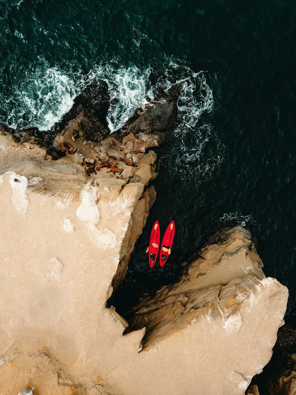 Fotografía aérea de dos kayaks rojos