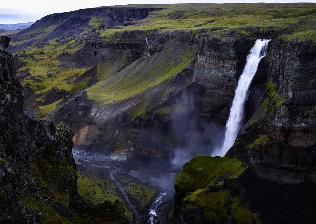 top view of waterfall on mountain, Earth depth // 2017