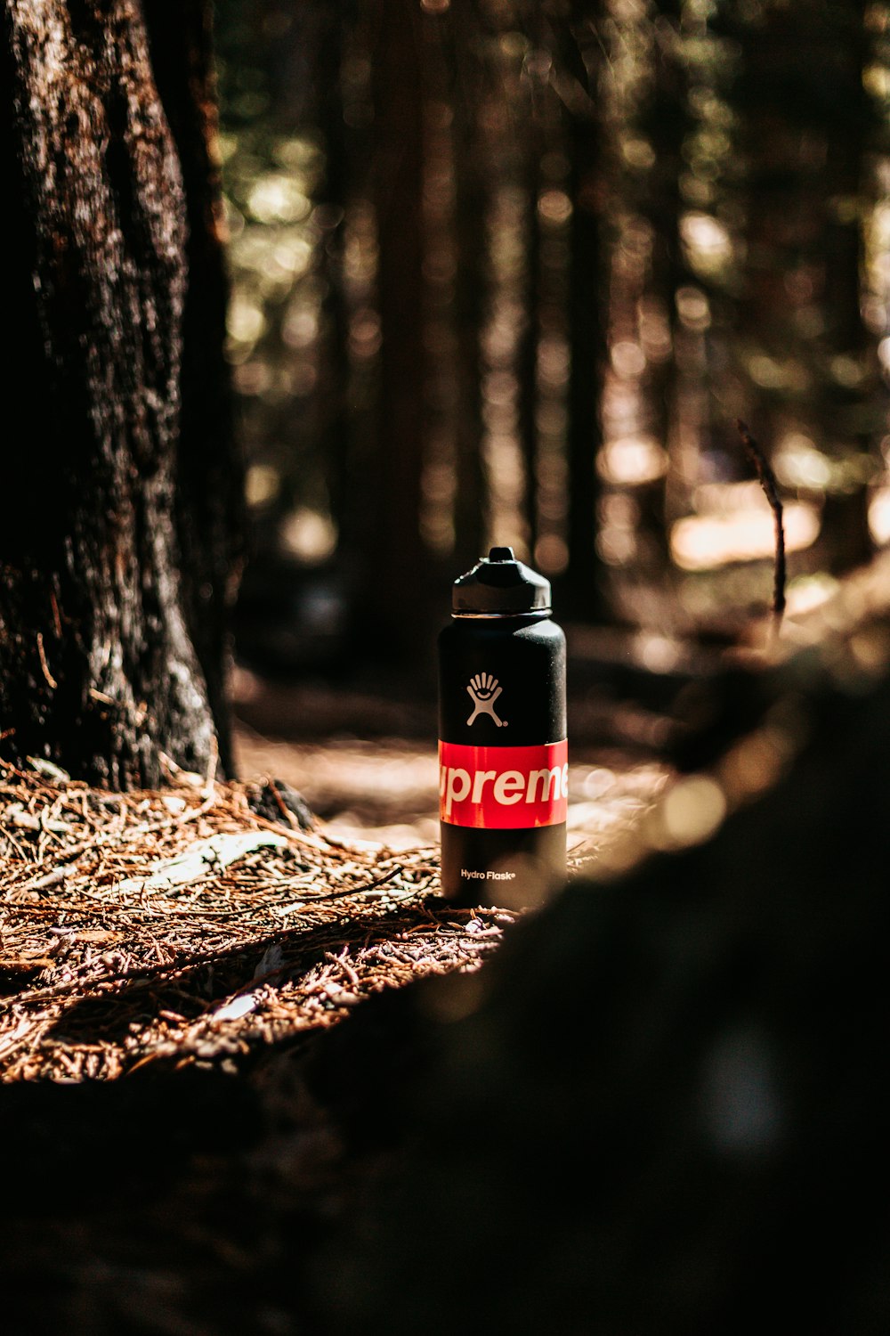 black and white Supreme sports bottle on the ground near tree
