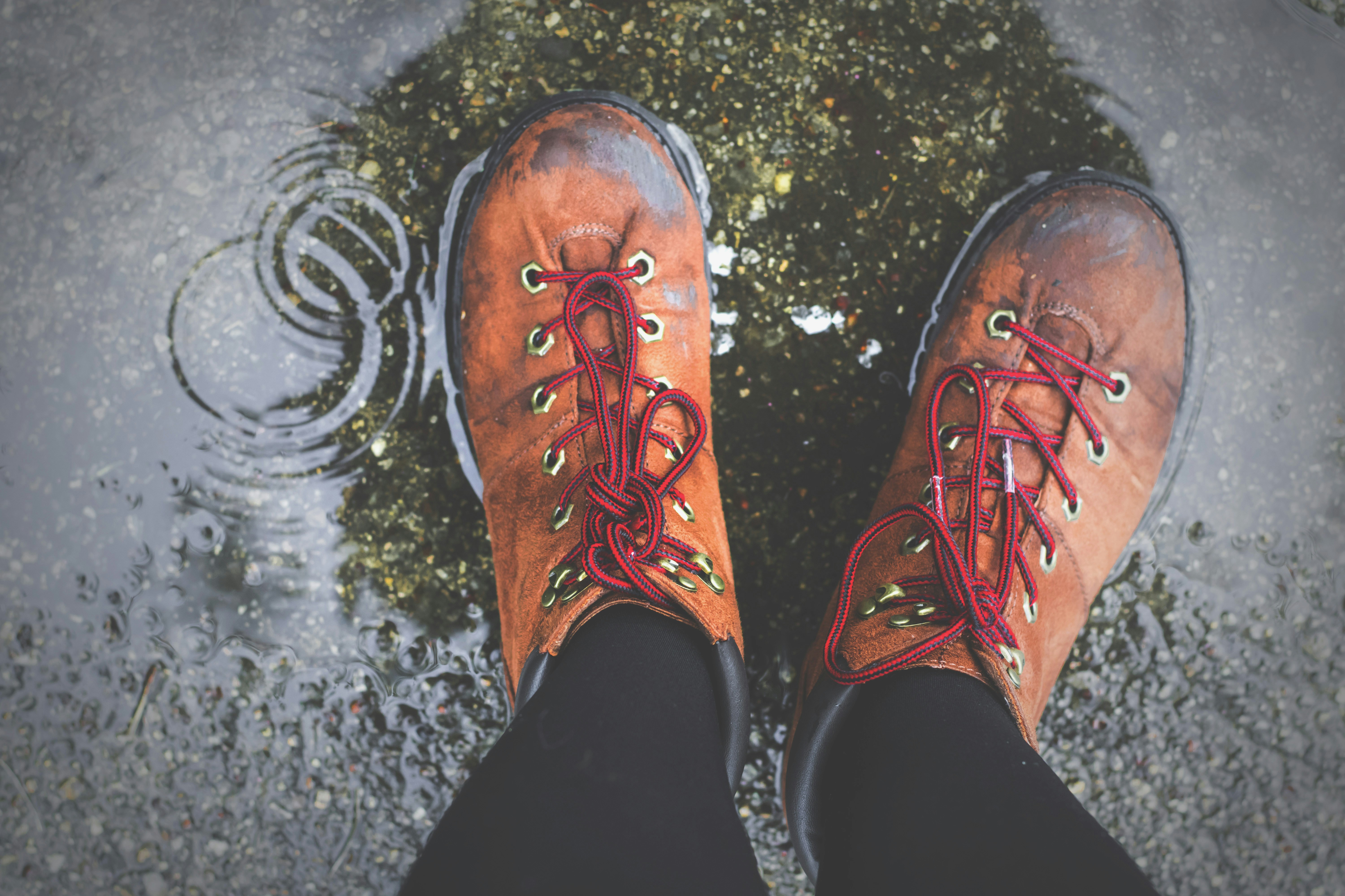great photo recipe,how to photograph rings by rain; person wearing brown lace-up boots standing on wet ground