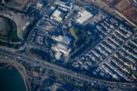 An aerial view of multiple Equinix data centers interconnected within a bustling metro area.