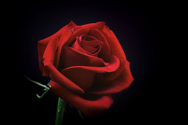 Close-up of a blood-red rose with black thorns on a dark textured background.