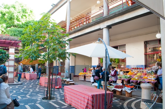 A vibrant marketplace in Konkan with fresh agro products and bustling trade activity under a clear blue sky.