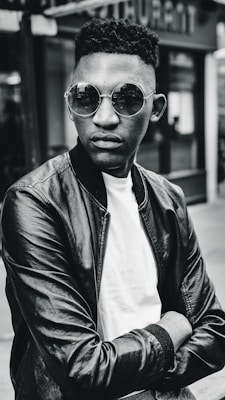 A person is wearing round sunglasses and a leather jacket, exuding a sense of confidence and style. The image is in black and white, which adds a classic and timeless feel.