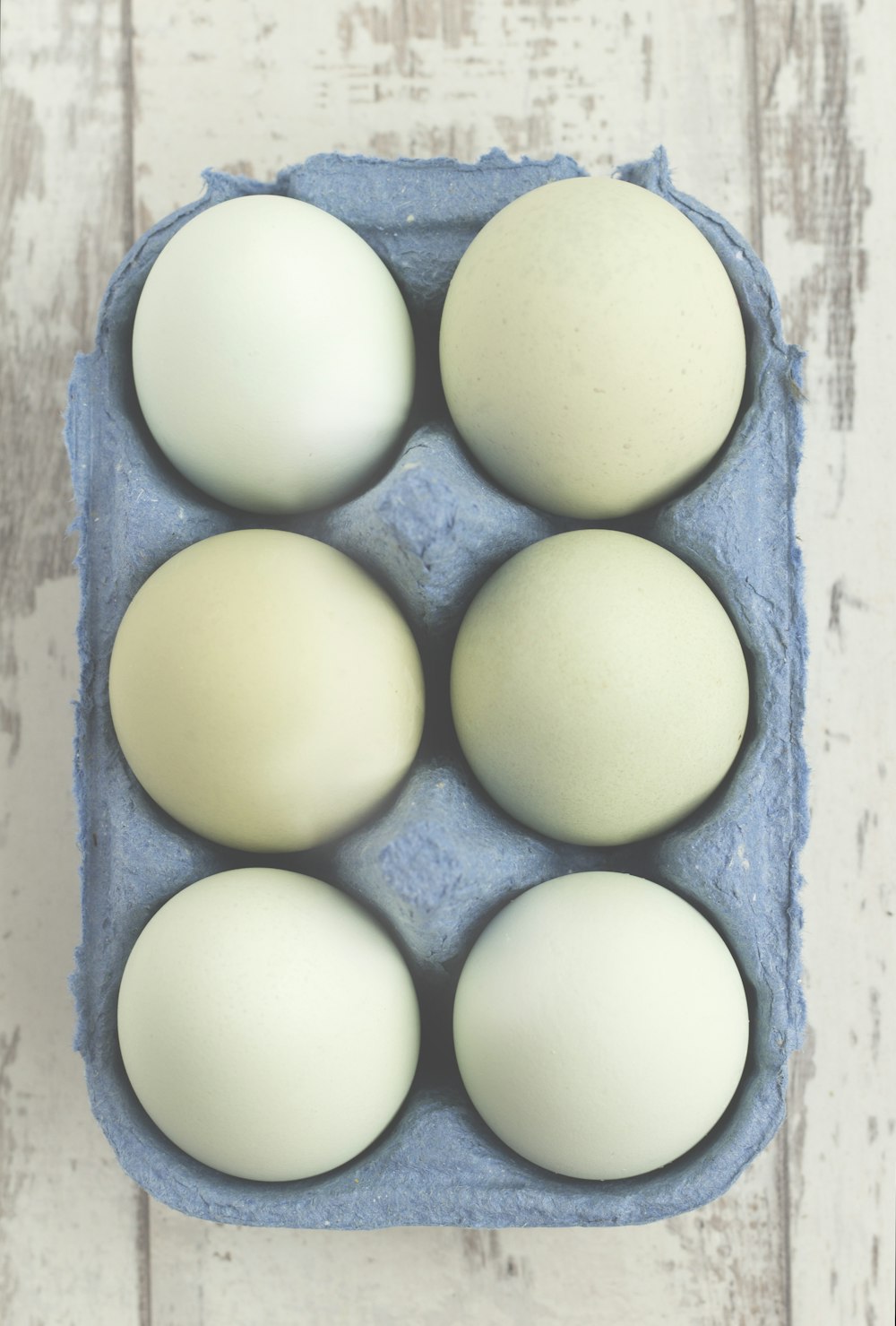 six white eggs placed on gray tray