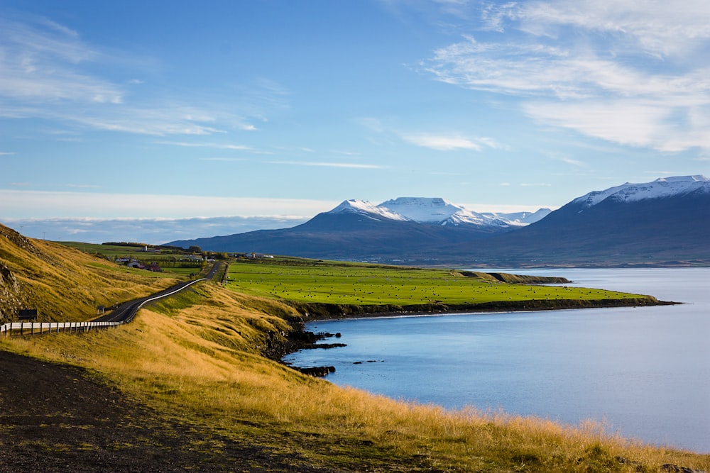 field and mountain near body of water